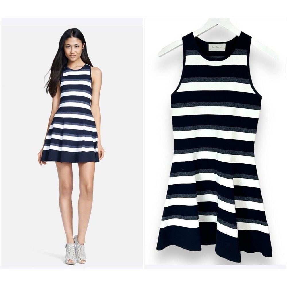 A.C.L Dress Womens XS Navy White  Huntington Stripe Fit & Flare Heavy Knit Party